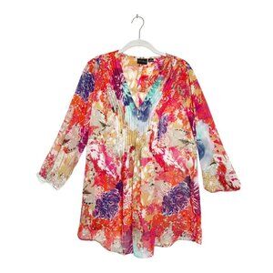 Tribal Multicolor 3/4 Sleeve Front Pleated Lightweight Tunic Blouse - Sz 10